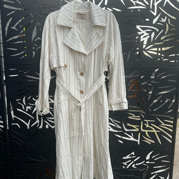 Free People Melia Mac Linen Duster Trench Coat Womens XS White Tan Pinstripe - Picture 3 of 7